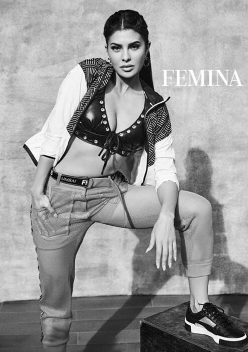 Jacqueline Fernandez Always Slaying It With Her Looks 1 half-pattern-covered jacket over a leathery bra-lette top
