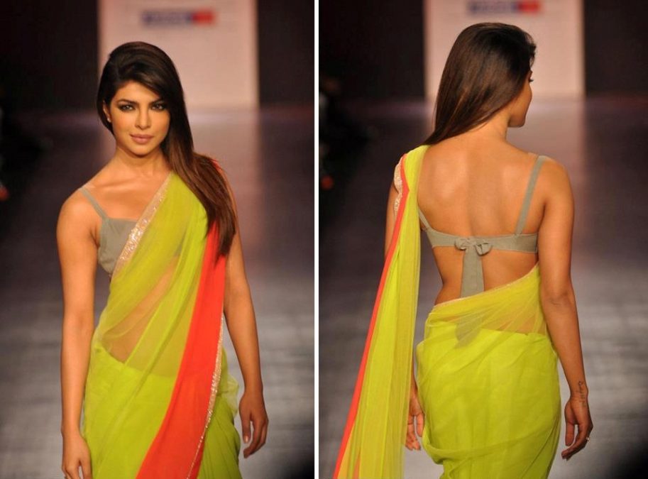 priyanka chopra in yellow saree grey sleeveless blouse on ramp in fashion show