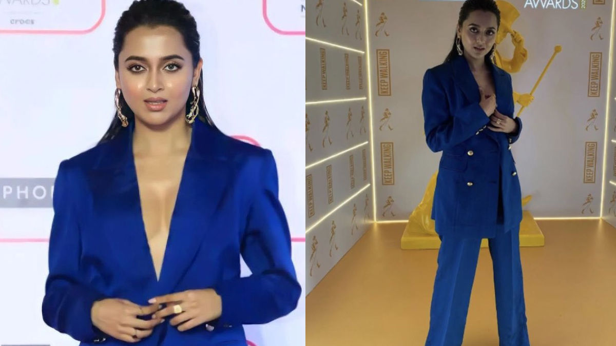 blue pantsuit